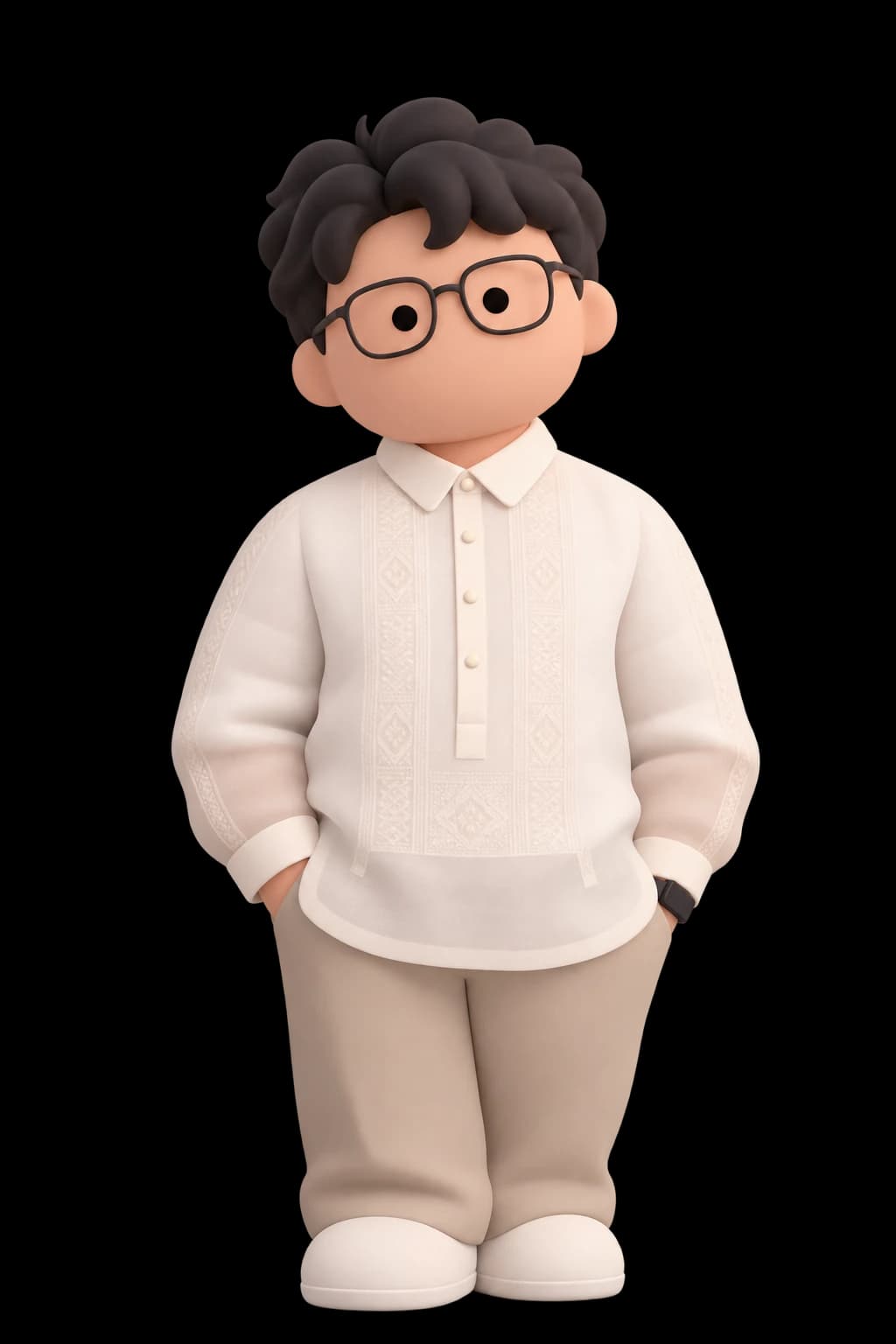 An illustrated portrait of Matthew wearing glasses and a cream barong.
