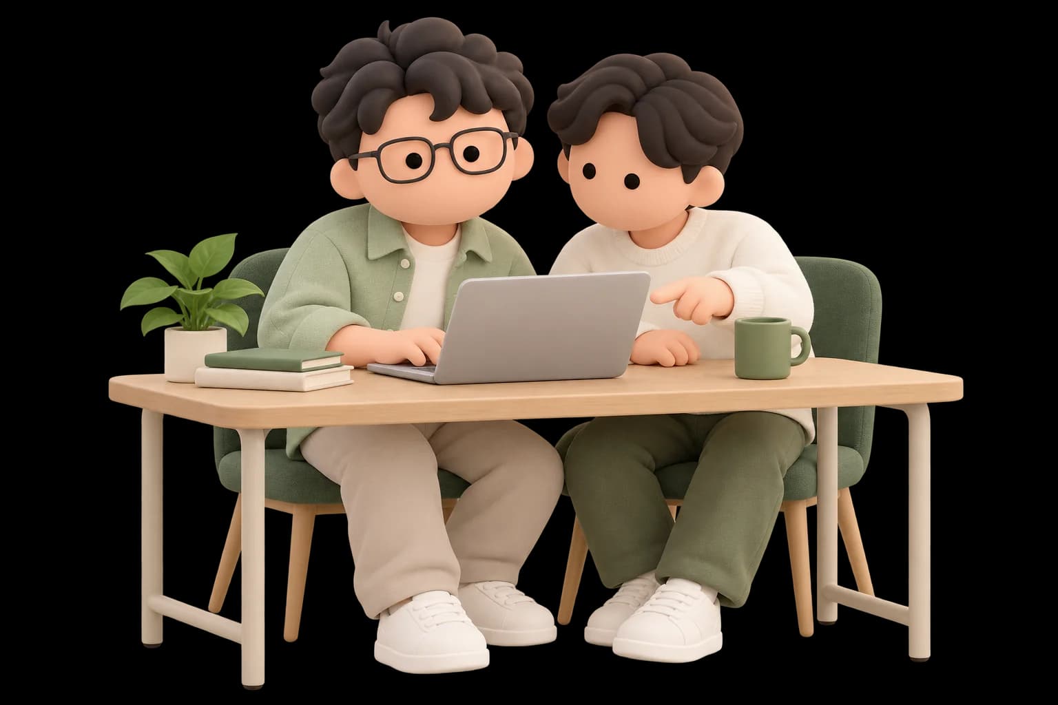 Matthew typing at a shared laptop while a teammate points at the screen.