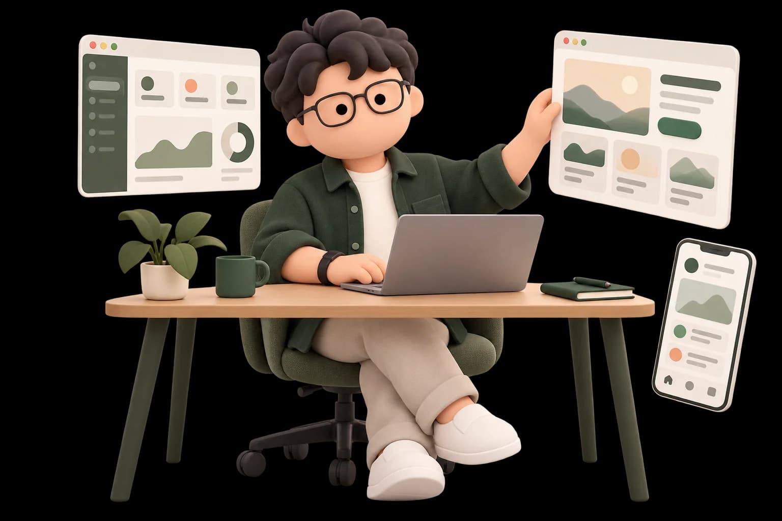 Matthew at a workstation surrounded by dashboard, website, and mobile interface panels.